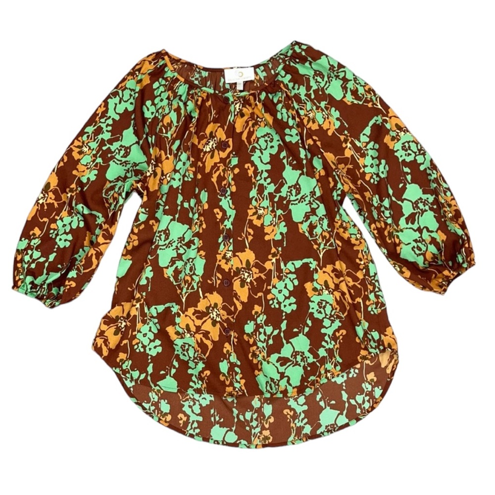 Collective Concepts Floral Blouse Small Brown Mint Green
